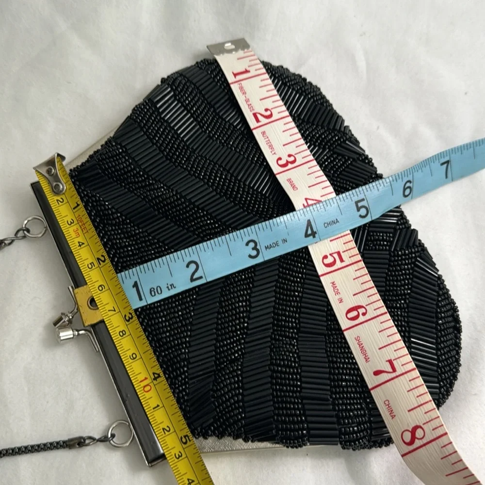 Vintage Fancy Mini Purse Beaded Clutch Black Silver 60's 70's